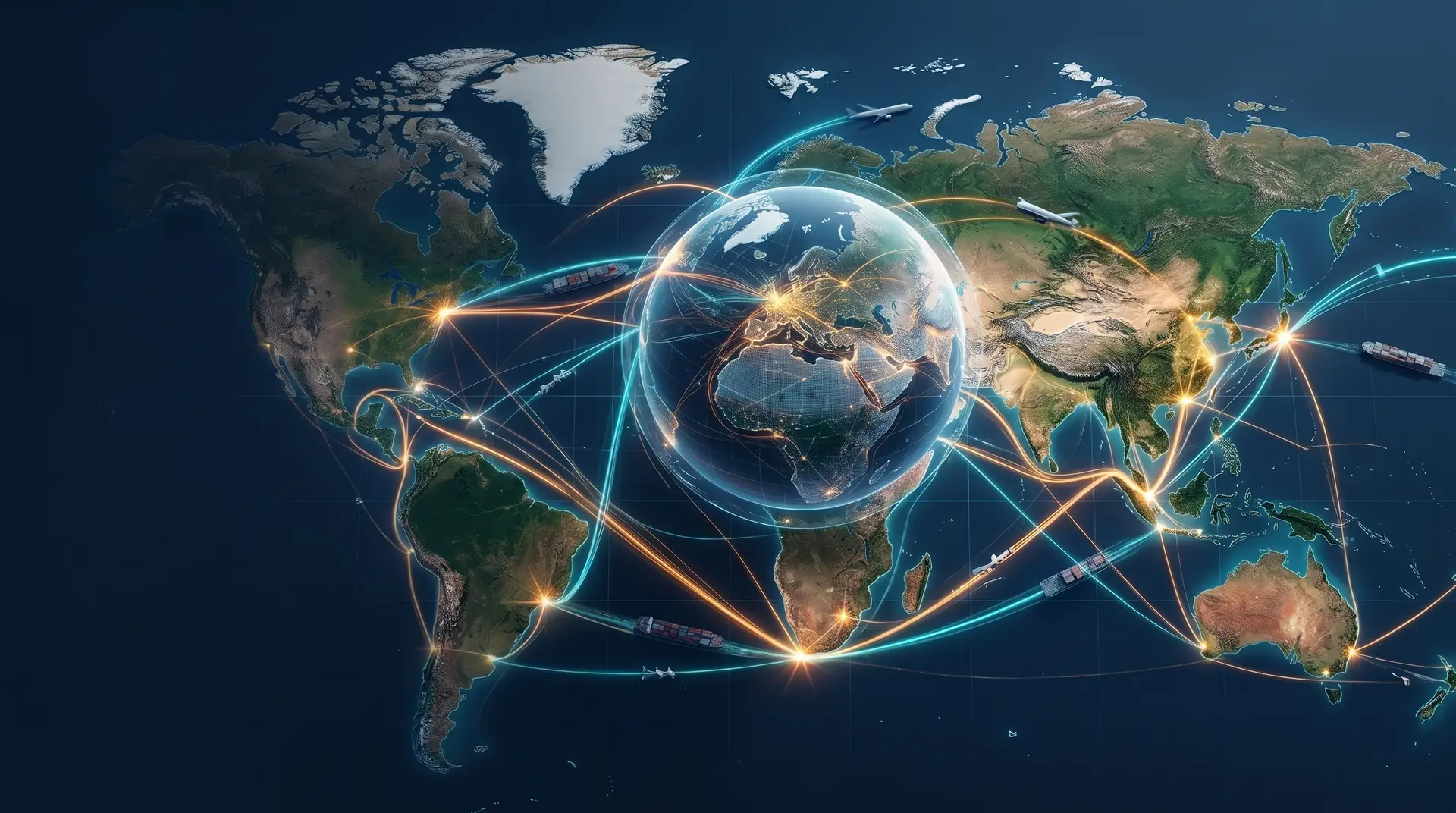 Mapa mundial estilizado con rutas de comercio internacional conectando continentes